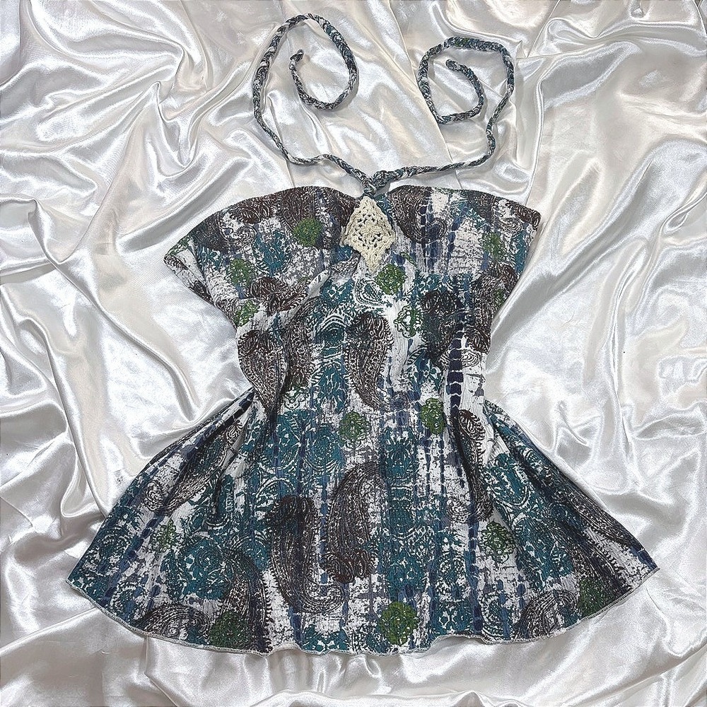 y2k Halter Top Blue Excellent Paisley Crochet Detail Babydoll XL Self Esteem